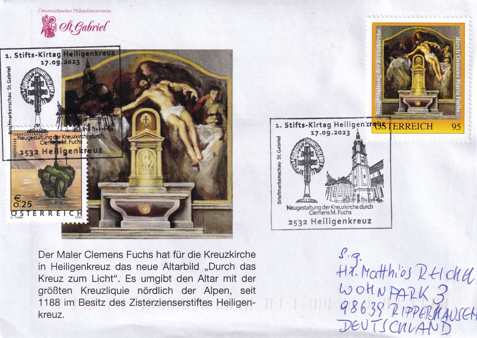 Souvenirumschlag aus Österreich. Abbildung Kreuzkirche in Heiligenkreuz.