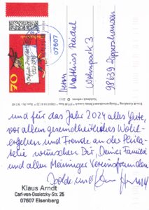 Sammlerfreund Klaus Arndt aus Eisenberg sendet Weihnachts-und Neujahrsgrüße, auch an alle Meininger Vereinsfreunde!Viele Jahre unterhalten wir freundschaftliche Kontakte.
