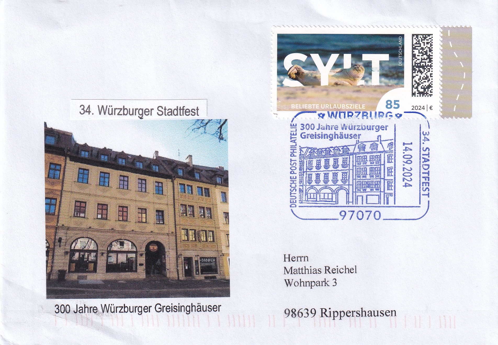 Briefumschlag mit Sonderstempel vom 14.09.2024 aus Würzburg.Gr4üße von Sammlerfreund Helmut Stümmer.