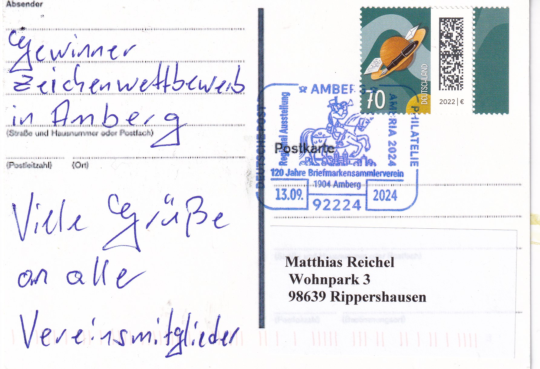 Karte mit Sonderstempel und Gewinner des Zeichenwettbewerbs in Amberg