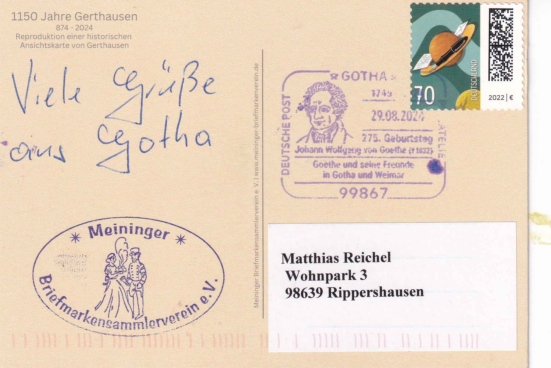 Karte mit Sonderstempel aus Gotha 275 Geburtstag von Goethe