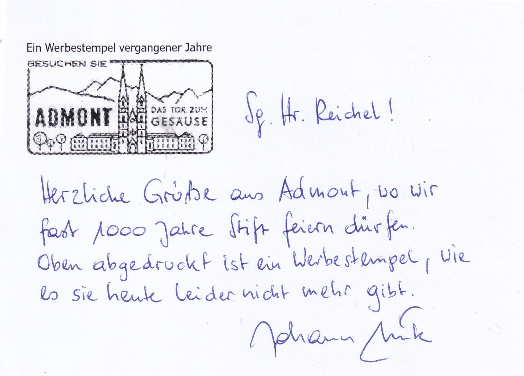 Grüße aus Admont mit Sonderstempel.