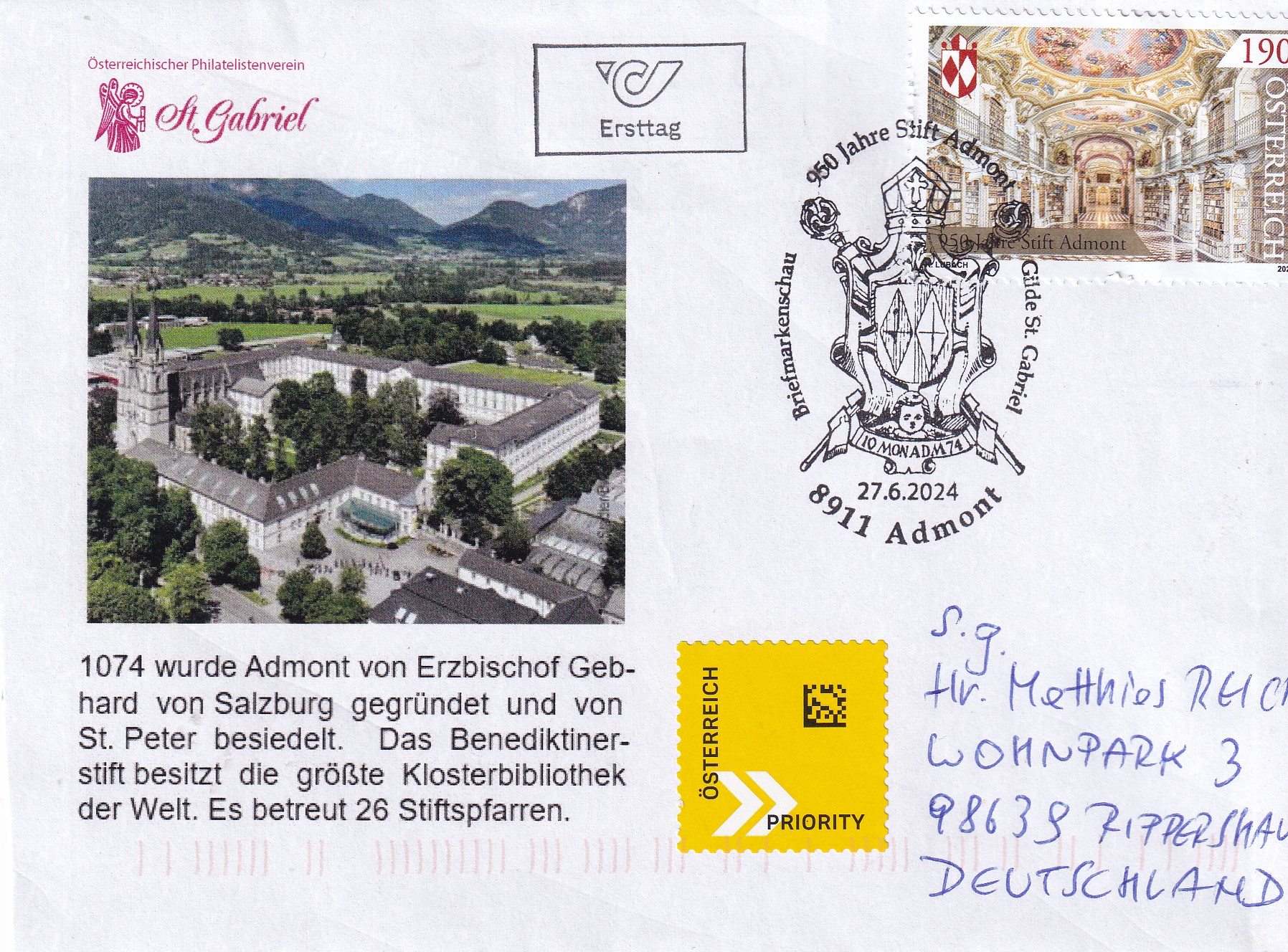 Grüße von Wilhelm Remes aus Admont in Österreich. Sonderpostwertzeichen und Sonderstempel.