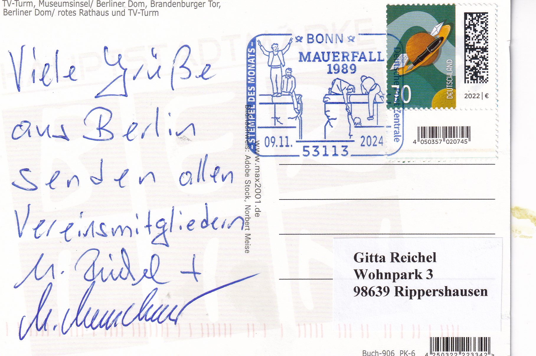 Grüße aus Berlin mit Sonderstempel Mauerfall 1989