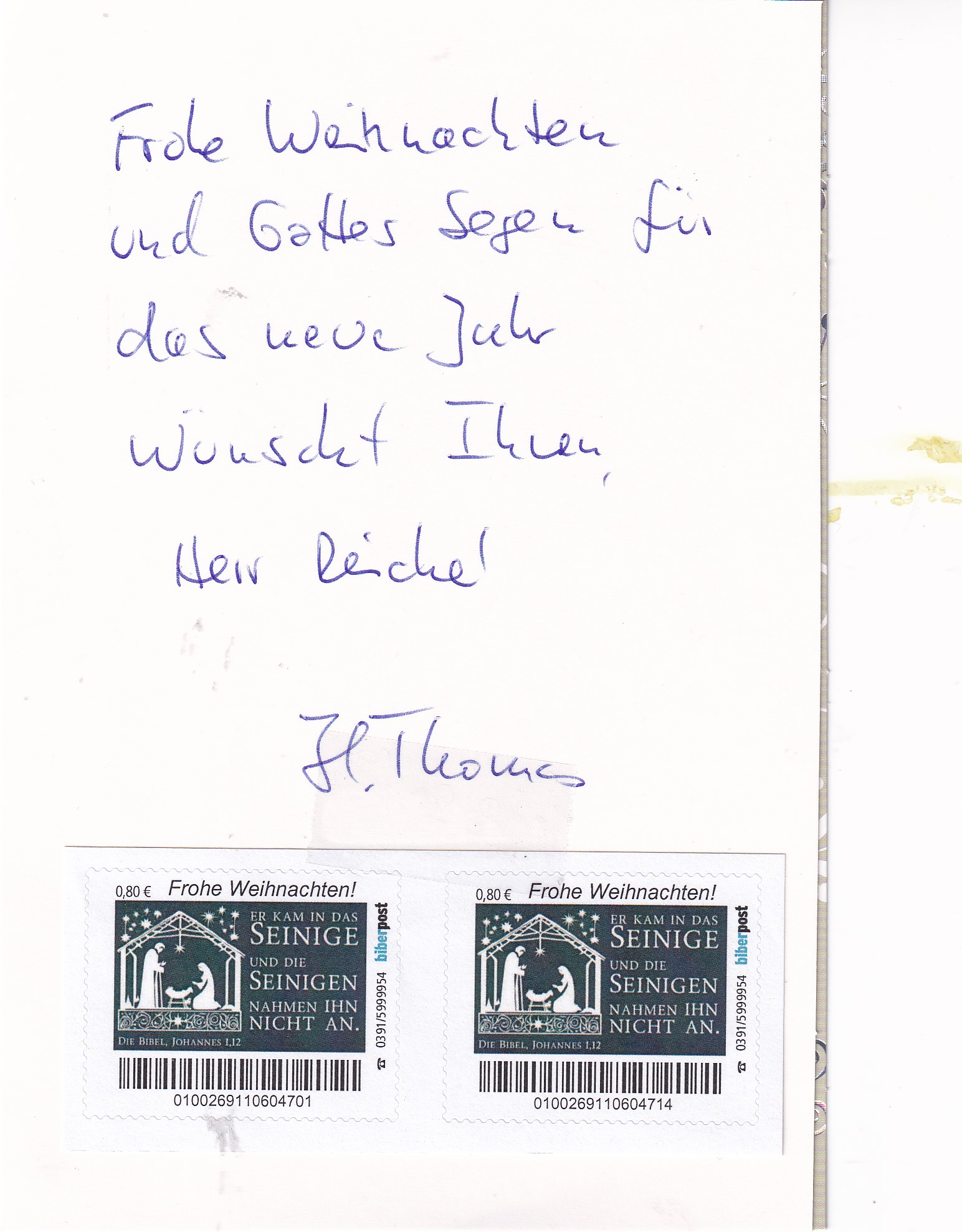 Dr.-Thomas-sendet-Gruesse-und-fuegt-zwei-Briefmarken-Indiuviduell-bei